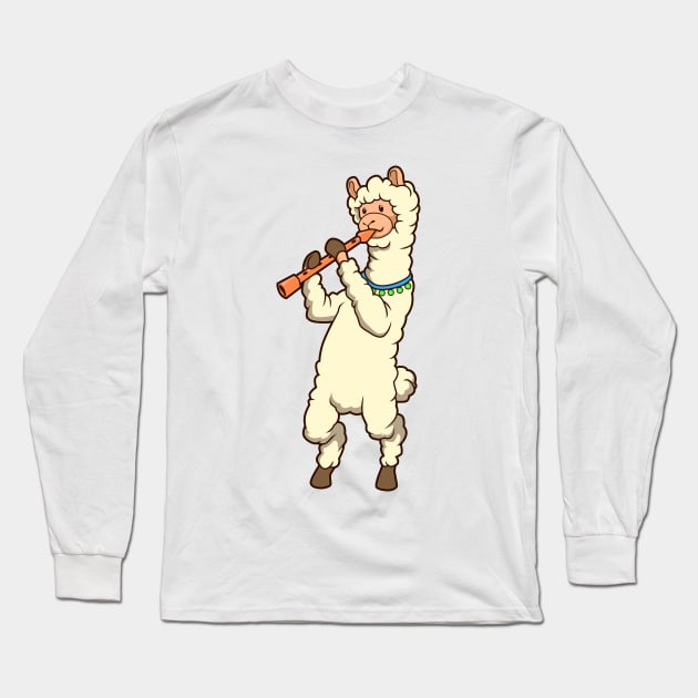 Cartoon Lama - Flute Player Long Sleeve T-Shirt by Modern Medieval Design